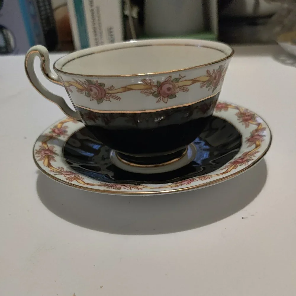 Adderley Teacup Made in England, Black With Ribbon of Florals & Gold, Excellent